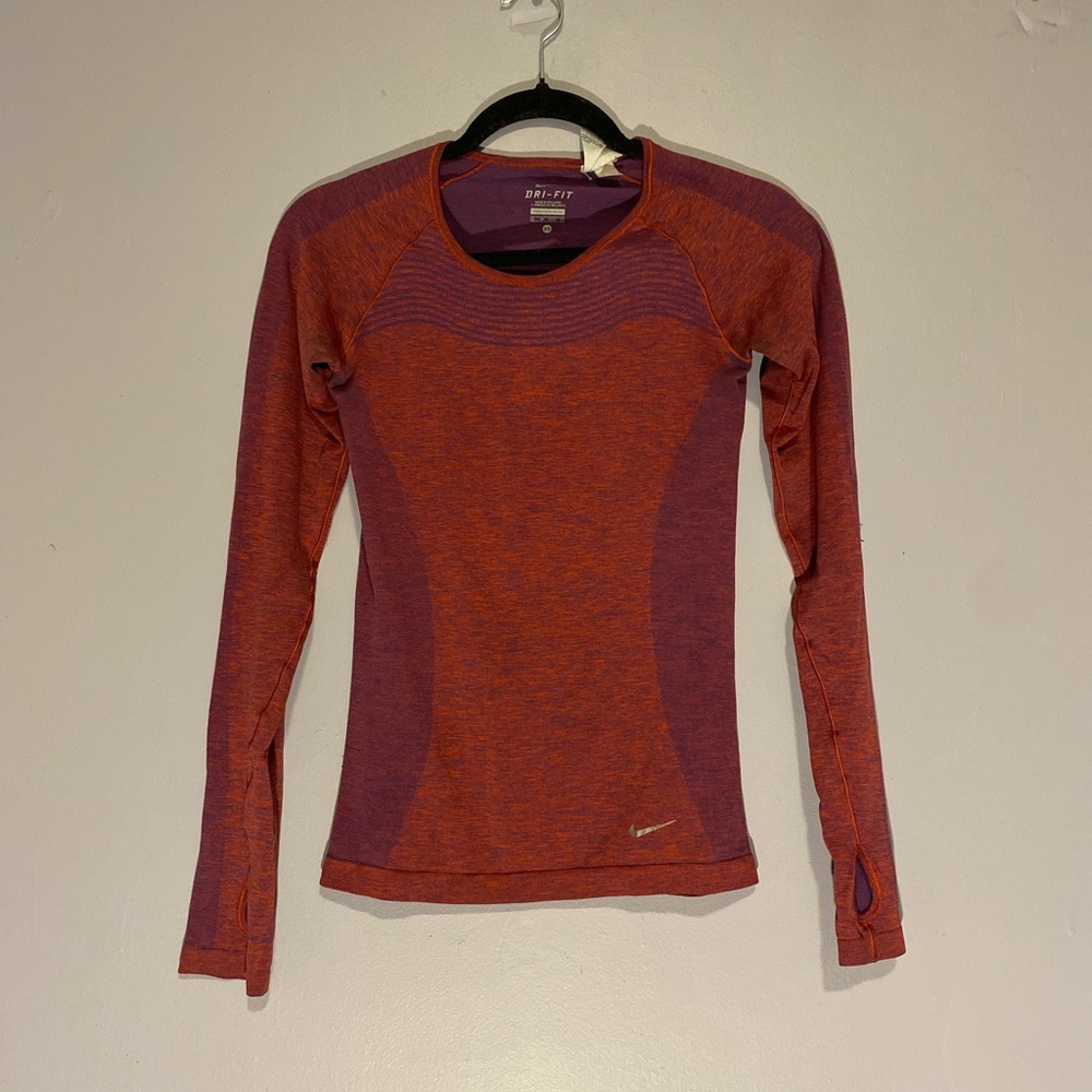 Nike Purple and Red Fitted Long Sleeve Dri-Fit Tee